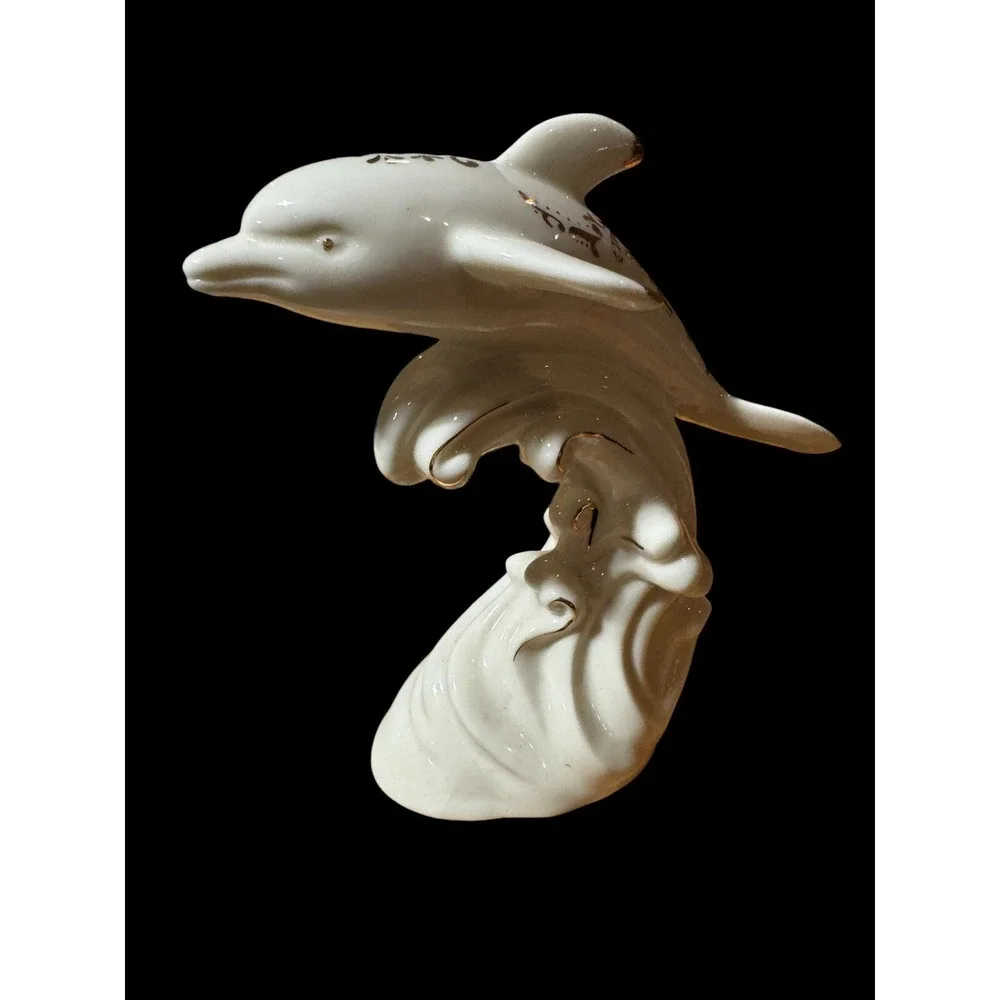 Vintage Creamy White Dolphin Figurine With Colorful Accents Design EUC